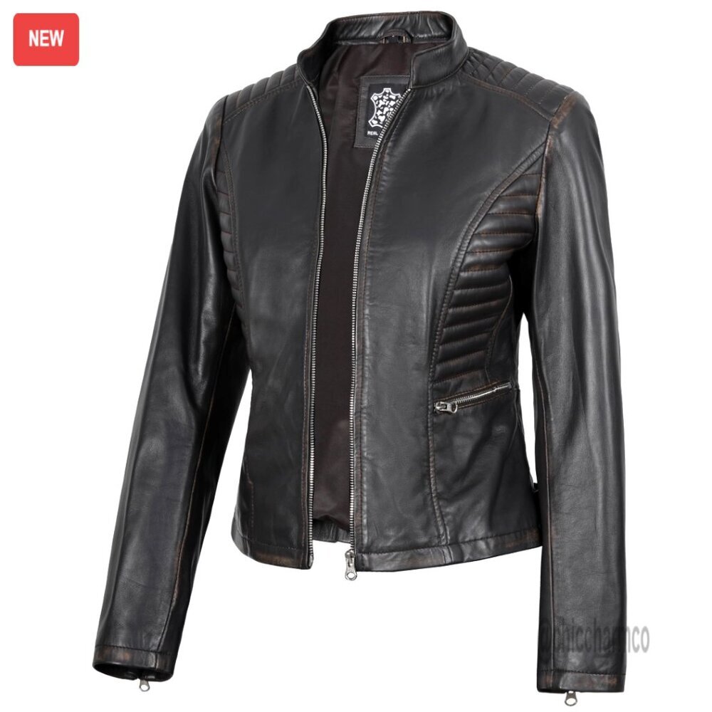 Lambskin Leather Jacket Cafe Racer Style Distressed Women's